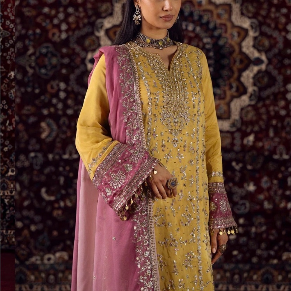 Elegant Yellow Embroidered Women Salwar with Pink Dupatta - Picture 2 of 3